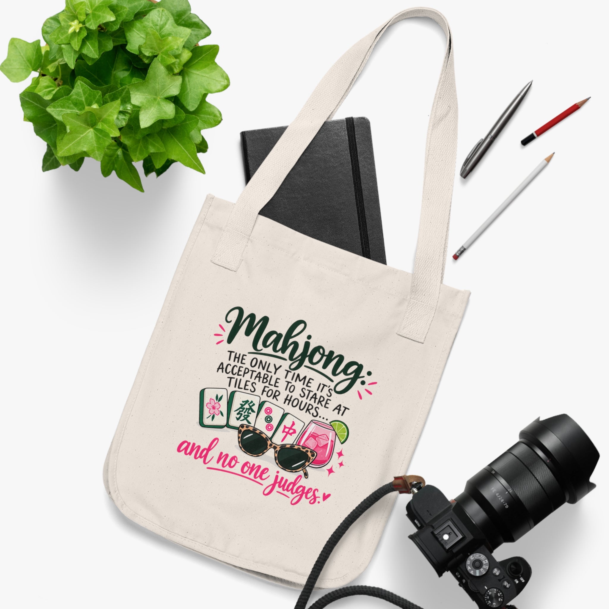 Mahjong Tote Bag — "Mahjong: The Only Time It's Acceptable to Stare at Tiles for Hours...and No One Judges" Organic Canvas Shopper