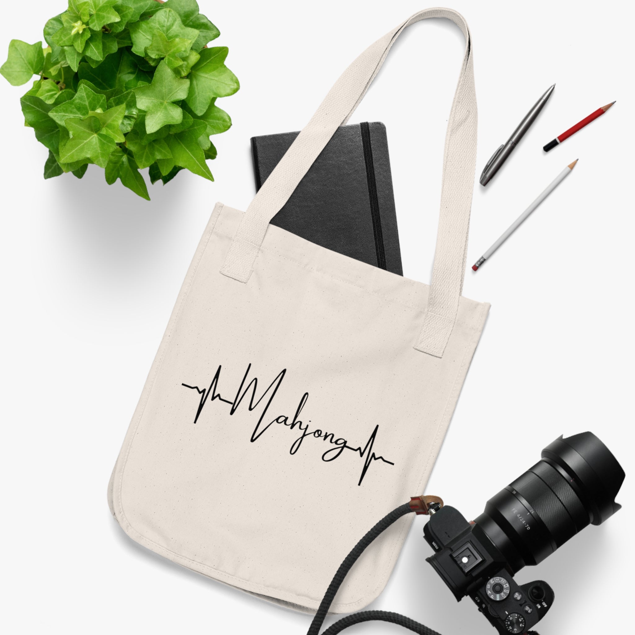 Mahjong Heartbeat Tote — Organic Canvas Market Bag for Mahjong Lovers